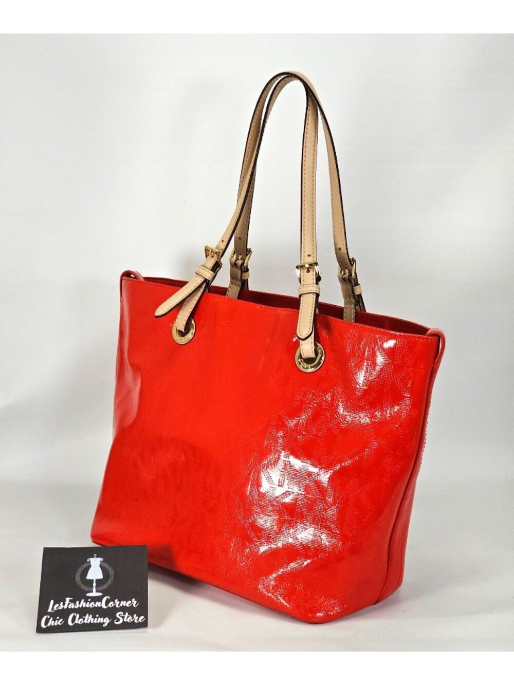 Michael Kors Women's Red Leather Jet Set Mirror Metallic Patent Tote Large 1794 - Picture 5 of 16